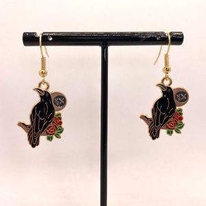Raven with red rose and moon earrings